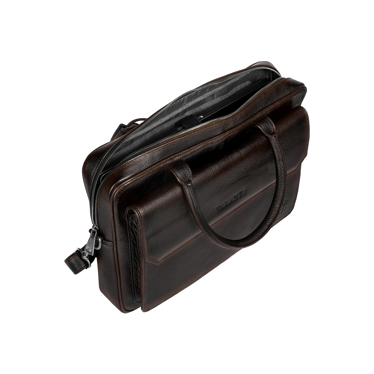 VALANTI Men’s Leather Laptop Bag, open interior and storage compartments