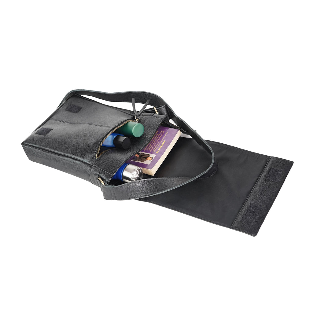 VALANTI Leather Crossbody Bag, open interior and storage compartments