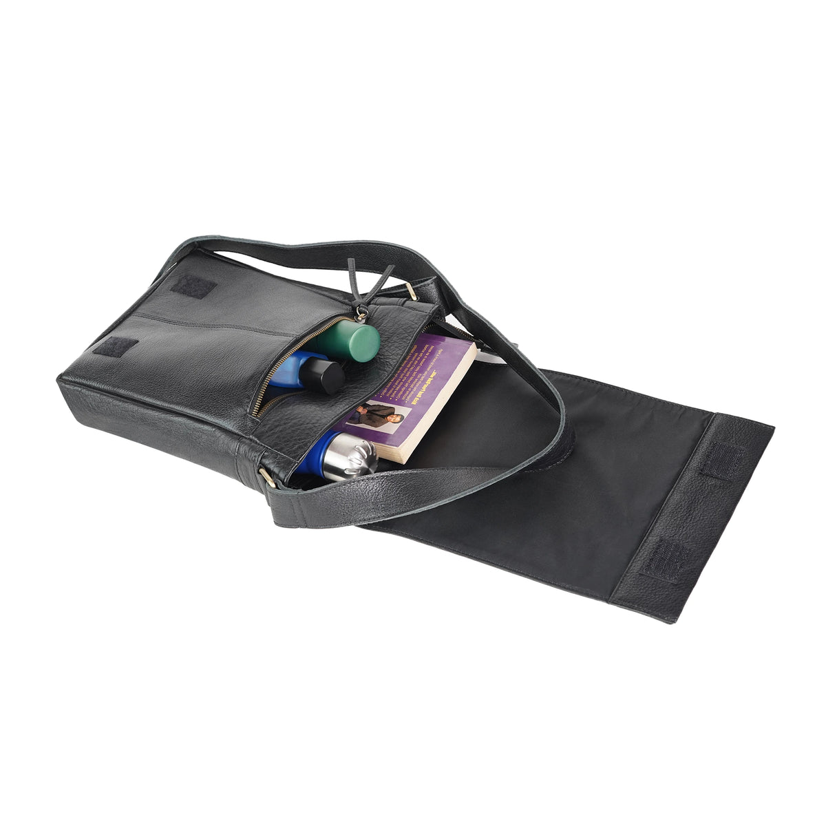 VALANTI Leather Crossbody Bag, open interior and storage compartments
