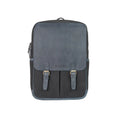 Front view of a dark canvas laptop backpack with a faux leather flap, twin buckled straps and front pockets from valanti.co.uk Backpack collection