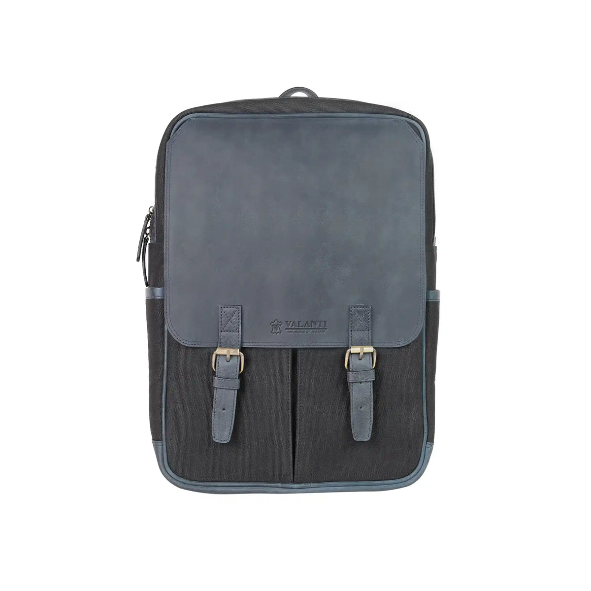 Front view of a dark canvas laptop backpack with a faux leather flap, twin buckled straps and front pockets from valanti.co.uk Backpack collection