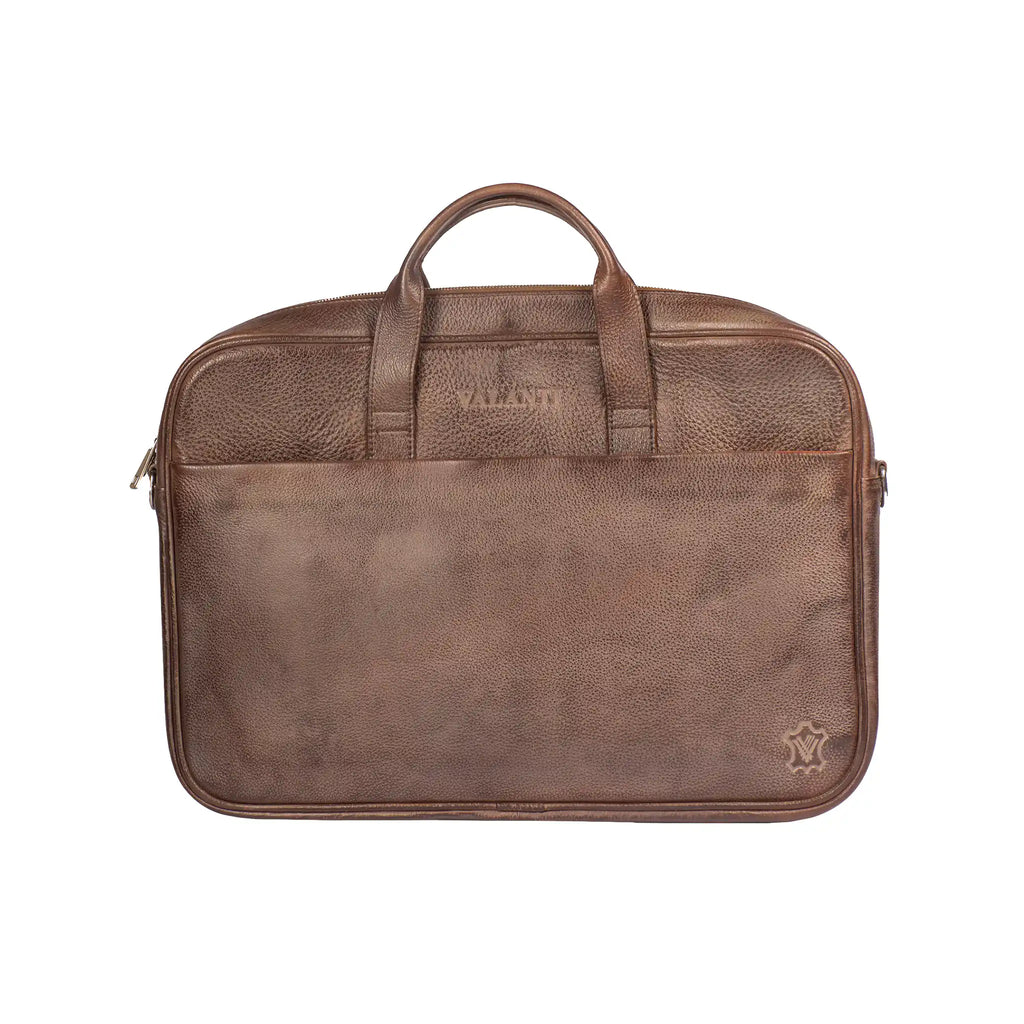 VALANTI men's full-grain leather laptop bag for business, front view