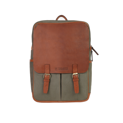 Olive canvas backpack with a brown faux leather flap, twin buckle straps, top handle and zip closure from valanti.co.uk Backpack collection