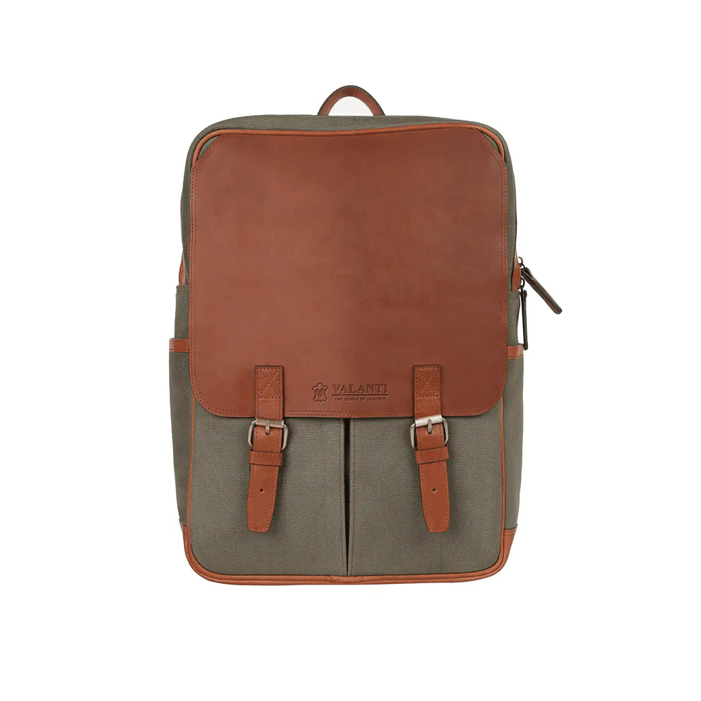 Olive canvas backpack with a brown faux leather flap, twin buckle straps, top handle and zip closure from valanti.co.uk Backpack collection