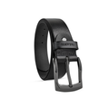 Black full-grain leather belt with a silver buckle on a white background