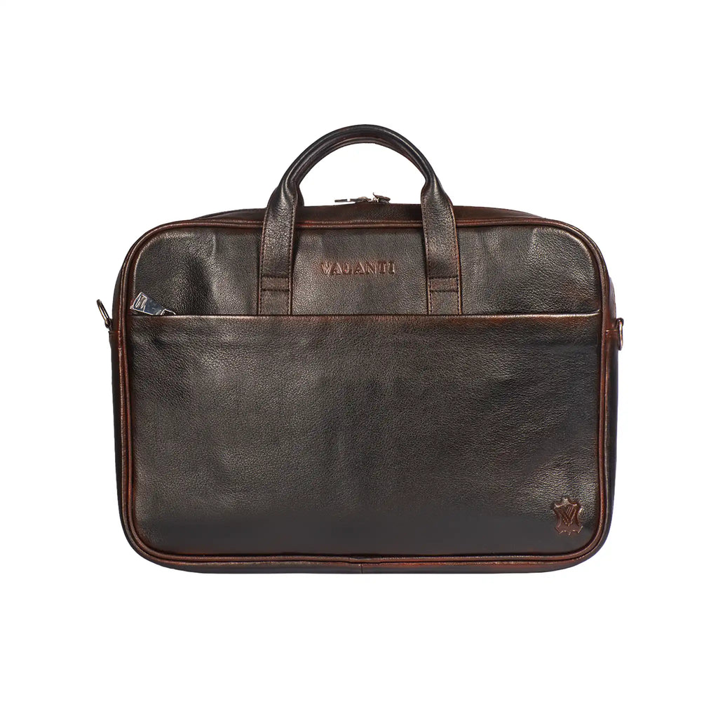 VALANTI men's full-grain leather laptop bag for business, front view