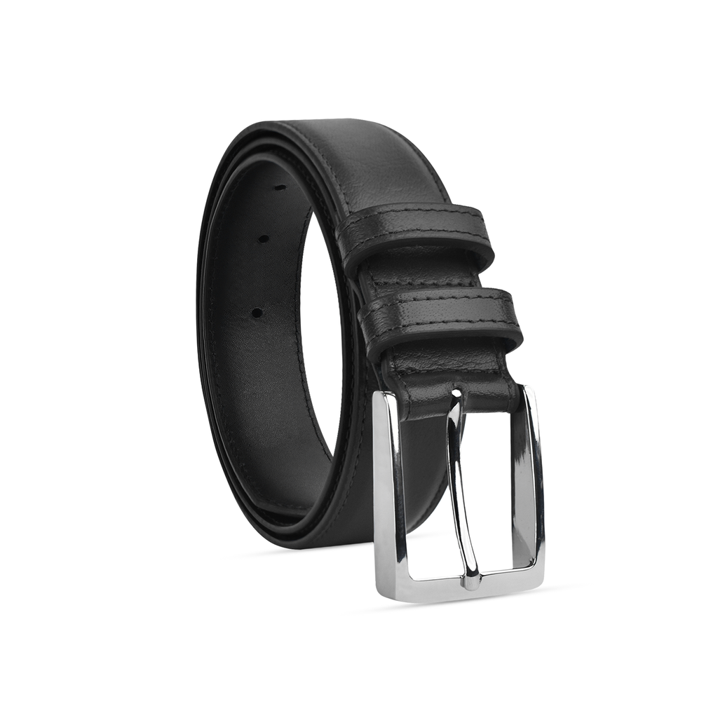 Black Buffalo hide leather belt with a silver buckle on a white background