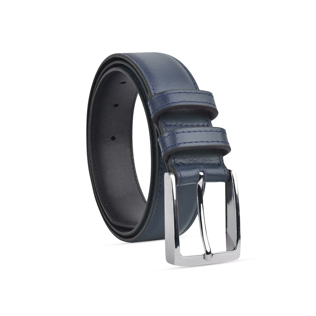 Blue leather belt with a silver buckle on a white background