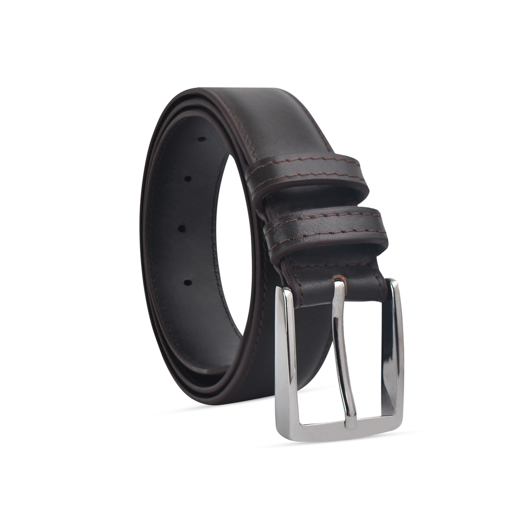 Brown full grain leather belt with a silver buckle on a white background