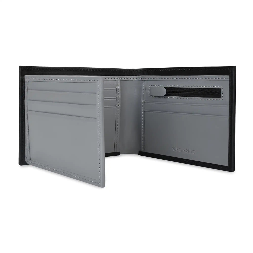 VALANTI men's RFID leather wallet open with card slots and dual cash compartments