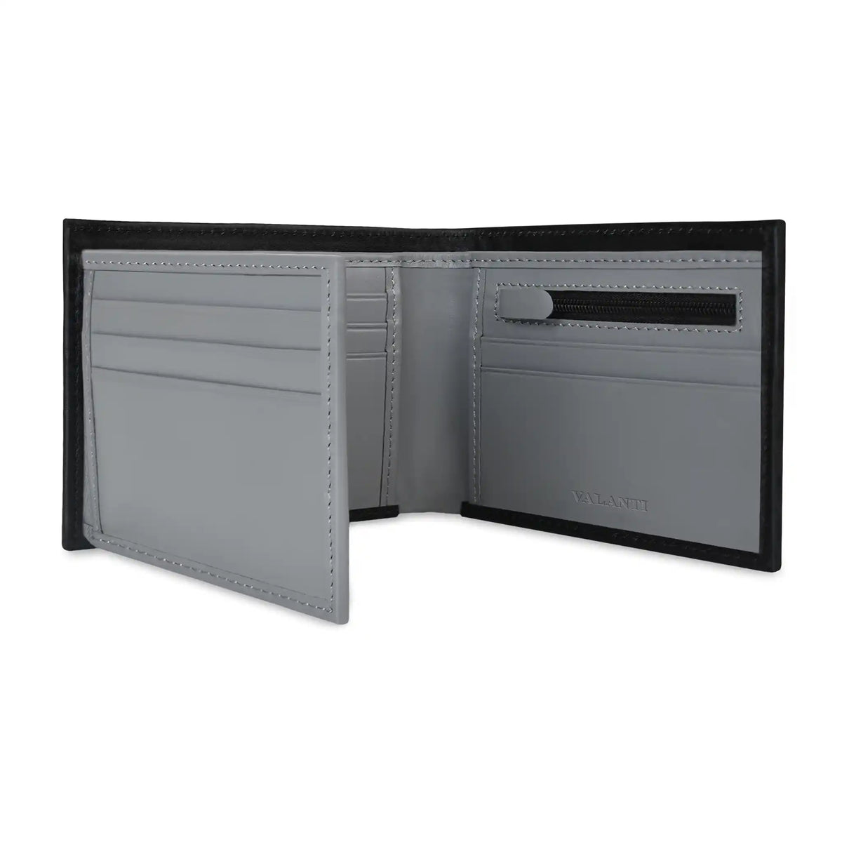 VALANTI men's RFID leather wallet open with card slots and dual cash compartments