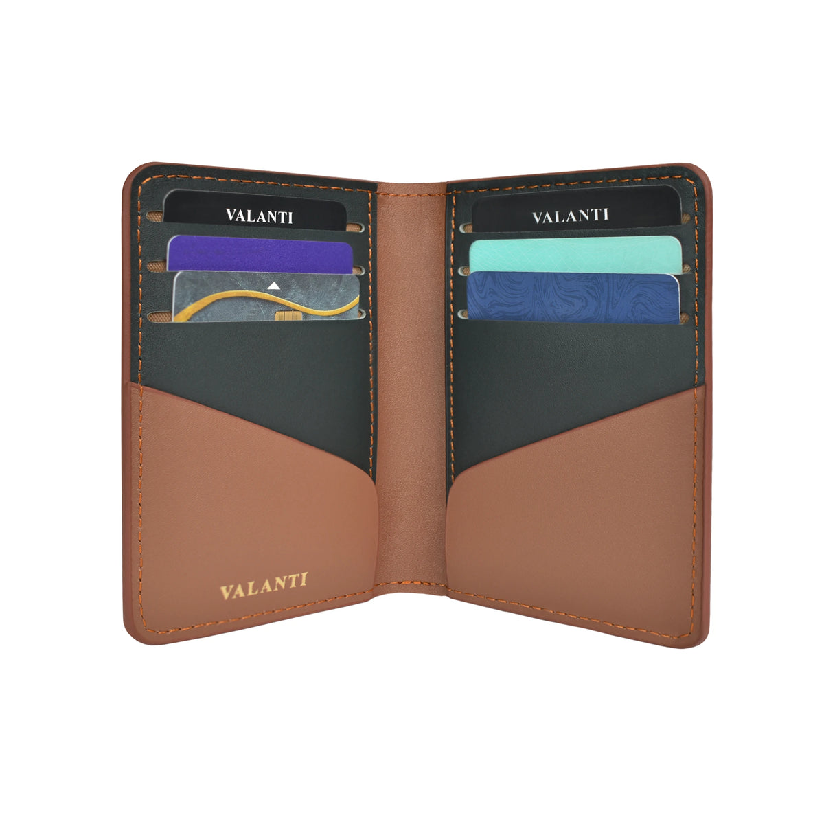 VALANTI Men's Leather Card Holder, open interior and card compartments