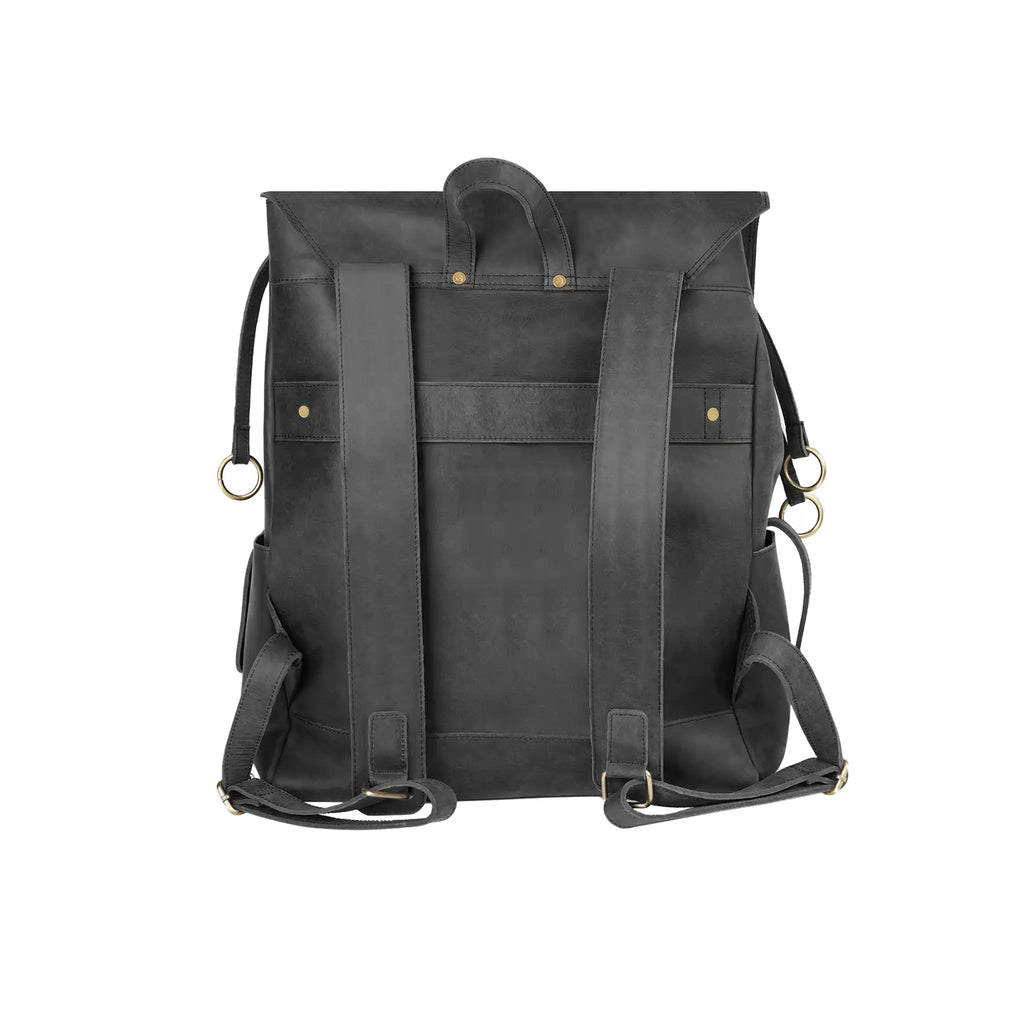 VALANTI genuine leather laptop backpack with padded shoulder straps, back view