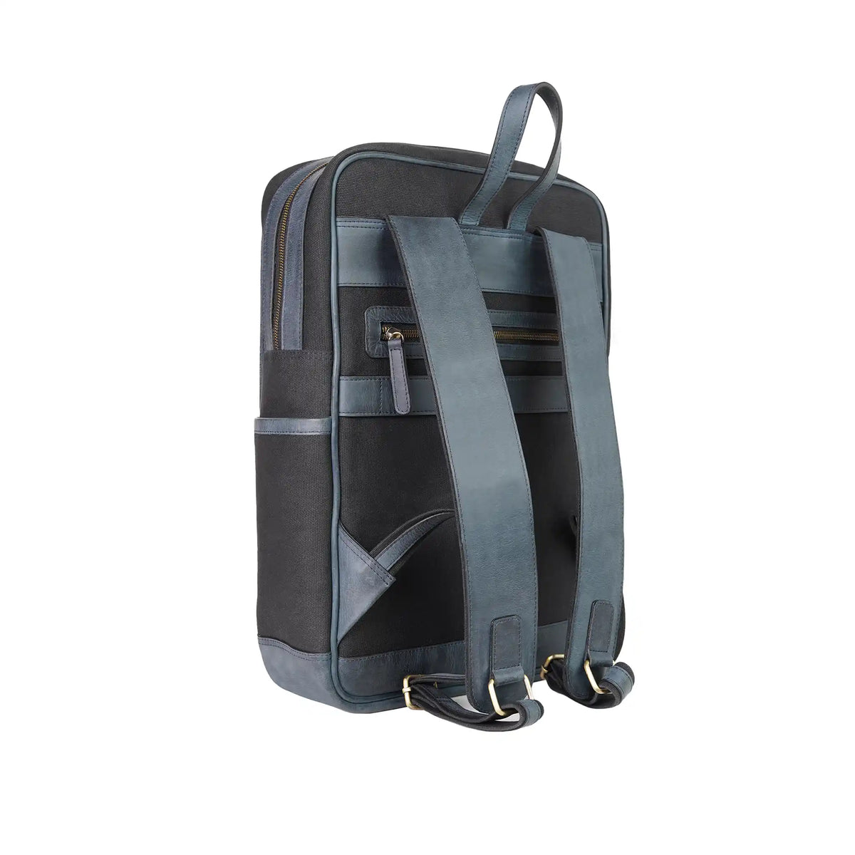 Dark gray canvas laptop backpack shown from the back with padded shoulder straps and zip compartments from valanti.co.uk Backpack collection