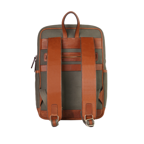 Canvas laptop backpack shown from the back with padded shoulder straps and brown faux leather accents on a white background from valanti.co.uk Backpack collection
