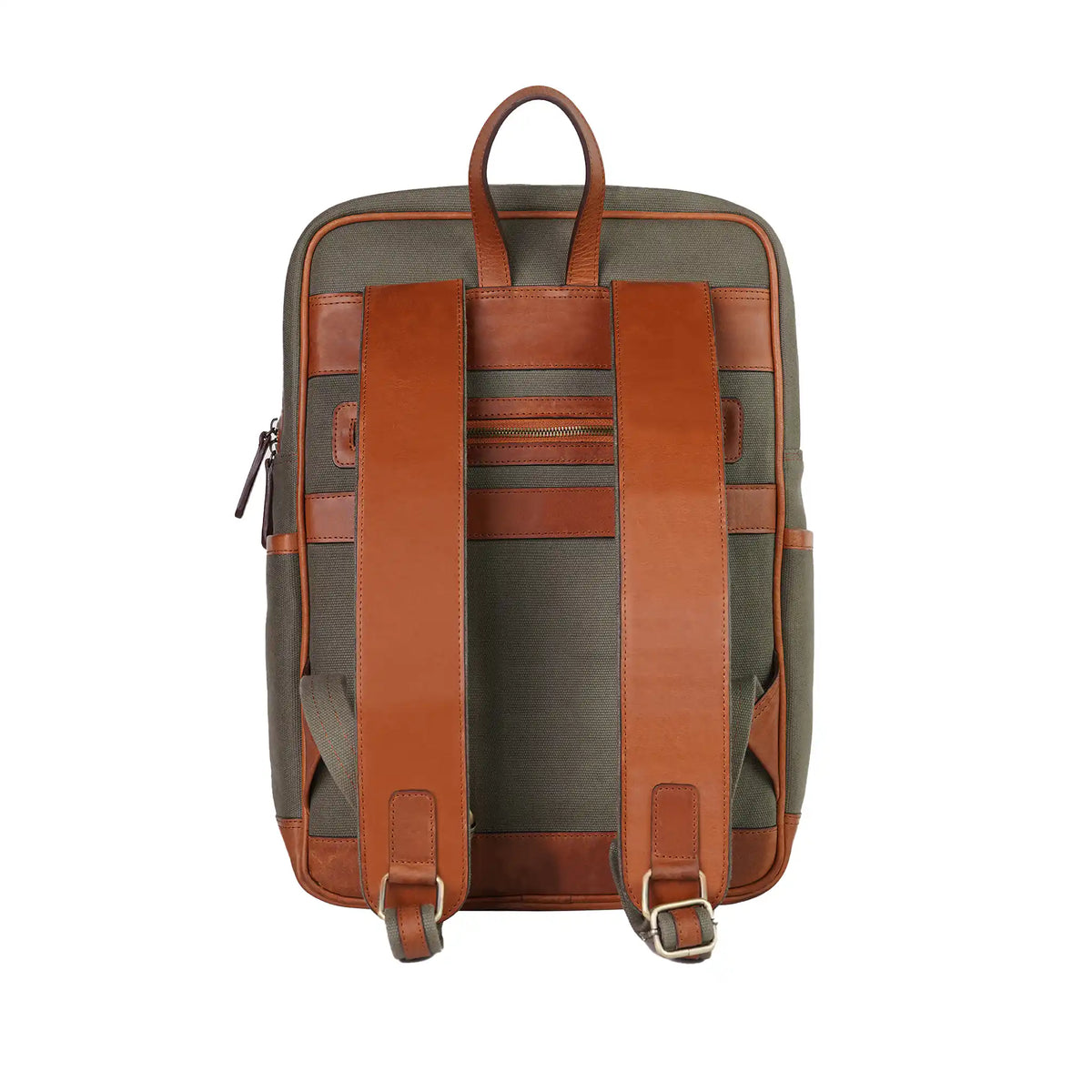 Canvas laptop backpack shown from the back with padded shoulder straps and brown faux leather accents on a white background from valanti.co.uk Backpack collection