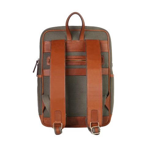 Canvas laptop backpack shown from the back with padded shoulder straps and brown faux leather accents on a white background from valanti.co.uk Backpack collection