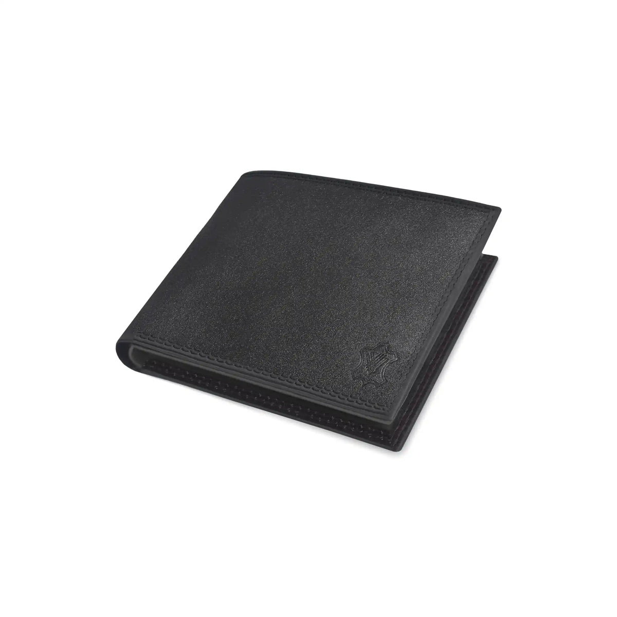 Black genuine leather mens wallet with embossed logo and stitched edges, shown closed on a white background from valanti.co.uk Mens Leather Wallets collection