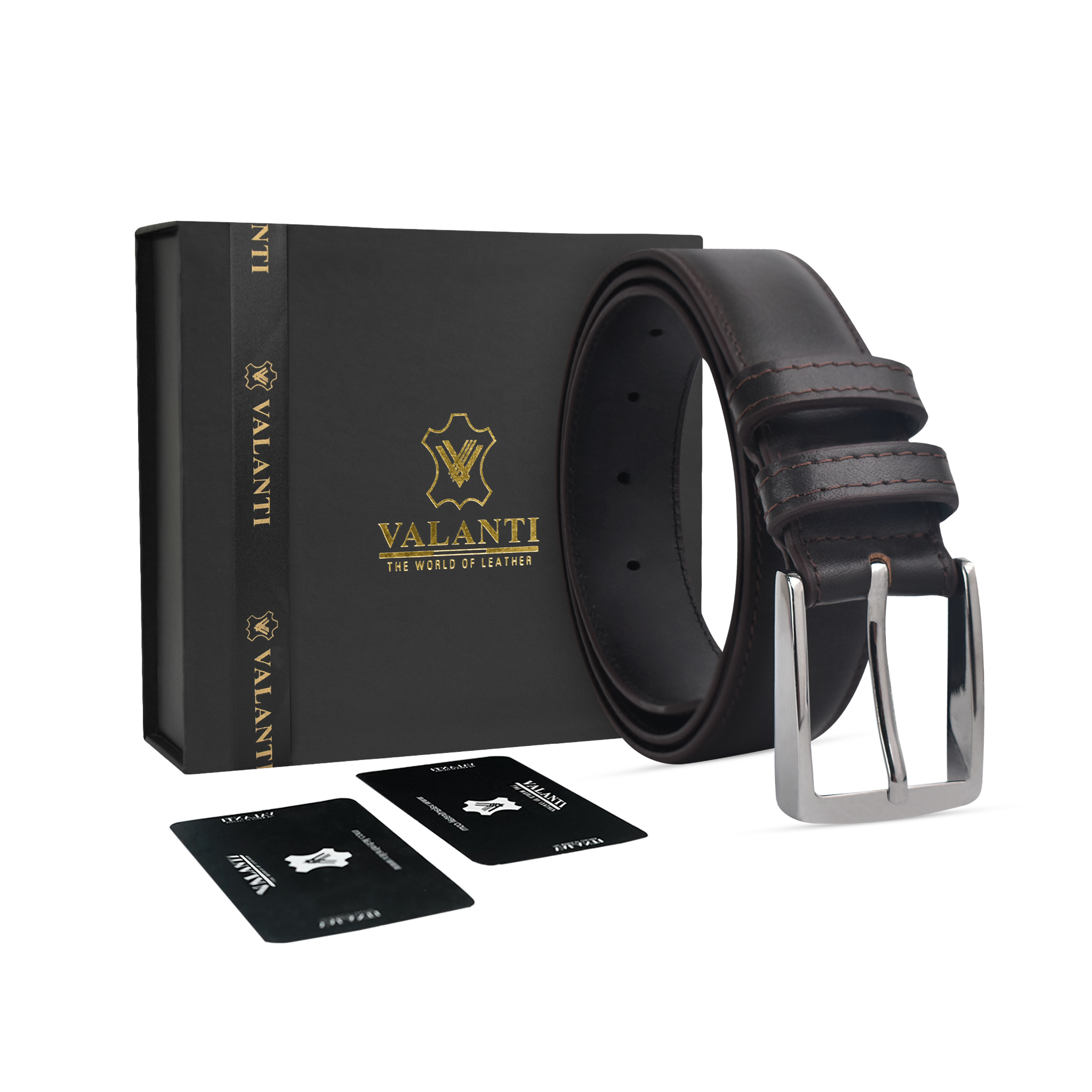 Brown full grain buffalo hide leather belt with silver buckle and Valanti branded packaging on a white background