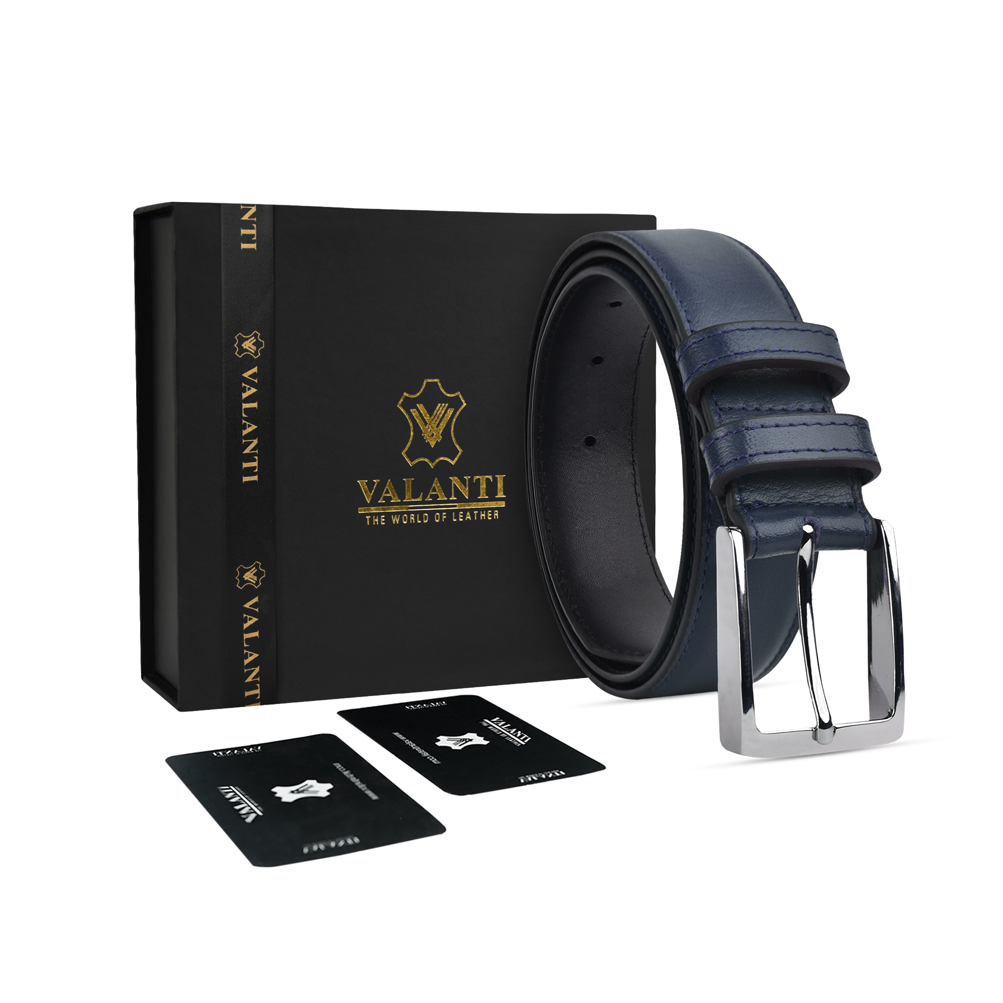 Blue leather belt with silver buckle and Valanti branded Gift box on a white background