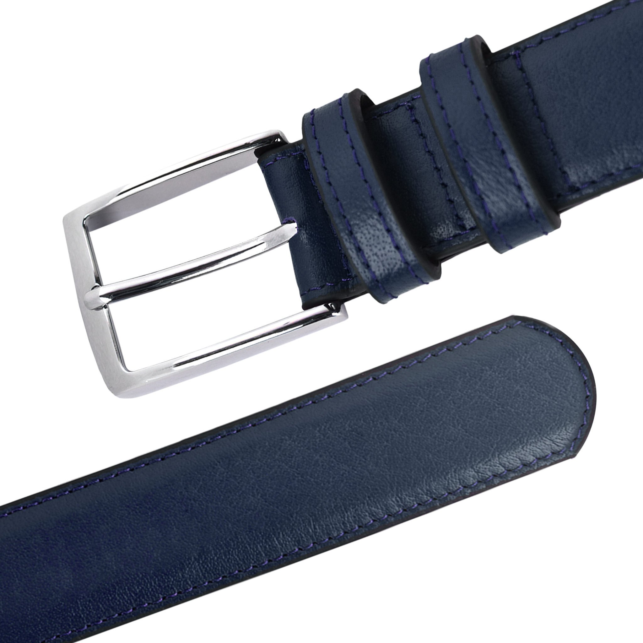 Navy blue buffalo hide leather belt with a silver buckle on a white background