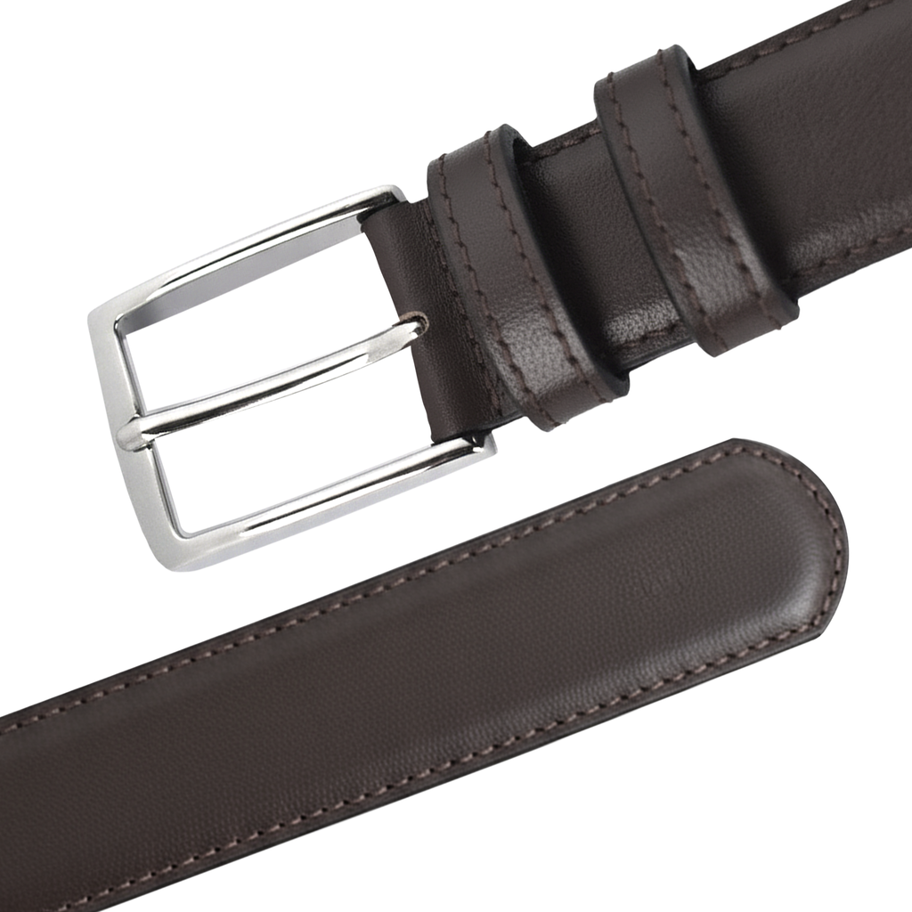 Brown leather belt with a silver buckle on a white background