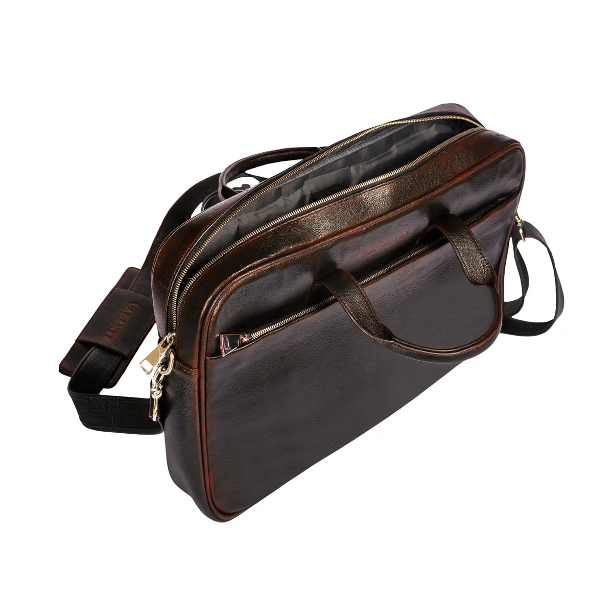 VALANTI full-grain leather laptop bag interior with organised storage