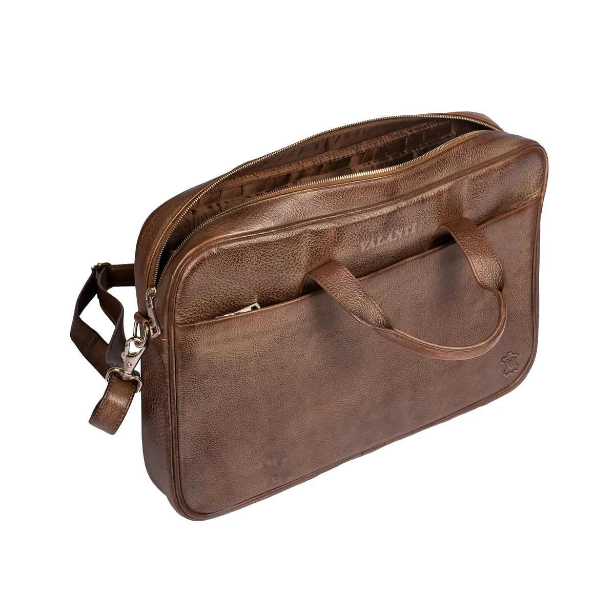 VALANTI full-grain leather laptop bag interior with organised storage
