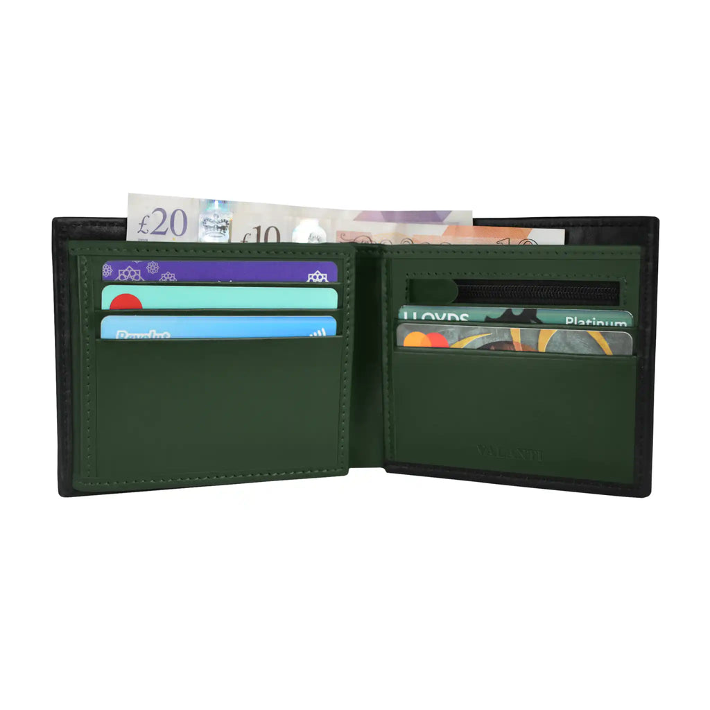 VALANTI men's RFID leather wallet interior with card slots and cash compartments