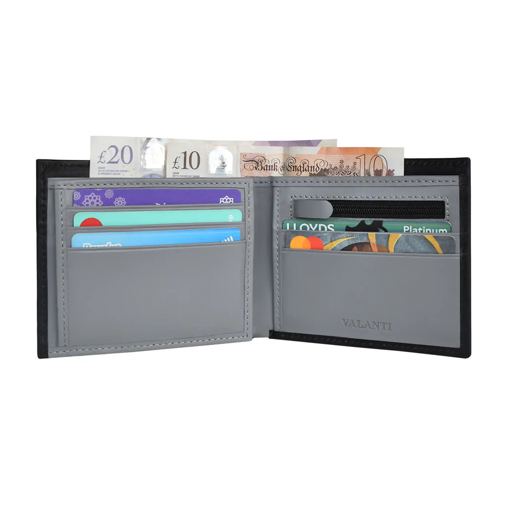 VALANTI men's RFID leather wallet interior with organised card and cash storage