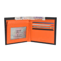 Open orange and black leather wallet with clear ID window, multiple card slots, and cash compartments, from valanti.co.uk Mens Leather Wallets collection