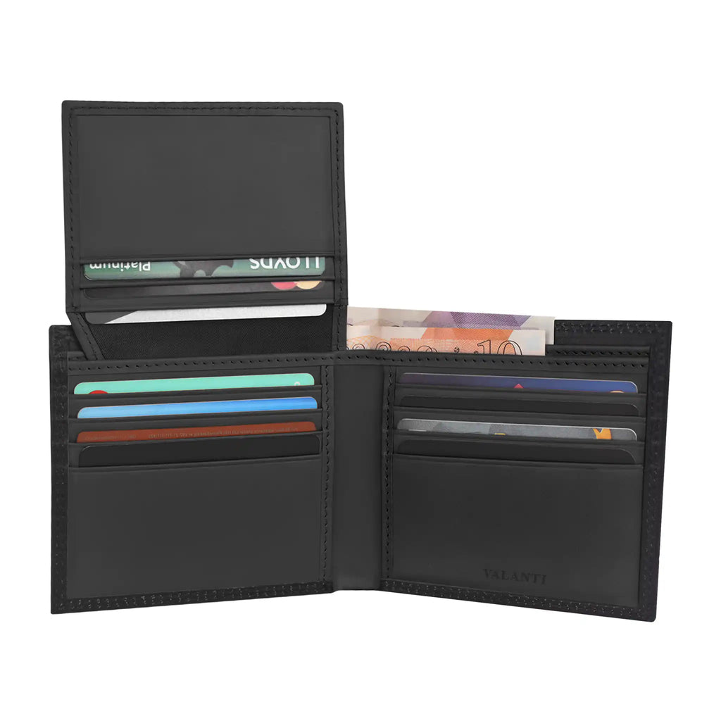 Open black leather men's wallet displaying multiple card slots, an ID window and banknotes from valanti.co.uk's Men's Leather Wallets collection