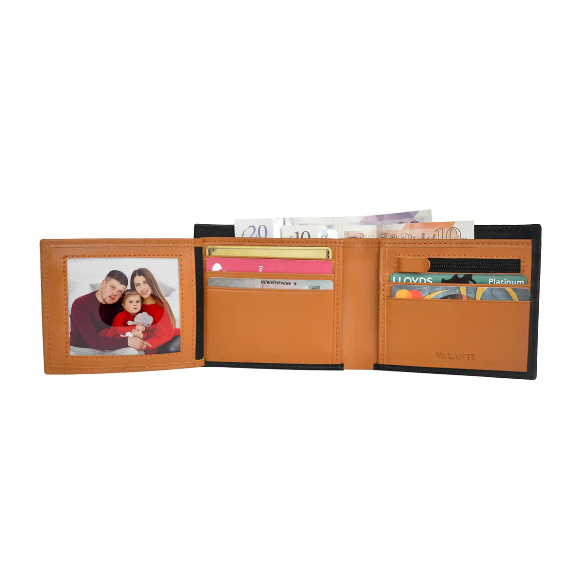 VALANTI men's RFID leather wallet open with card slots and ID window