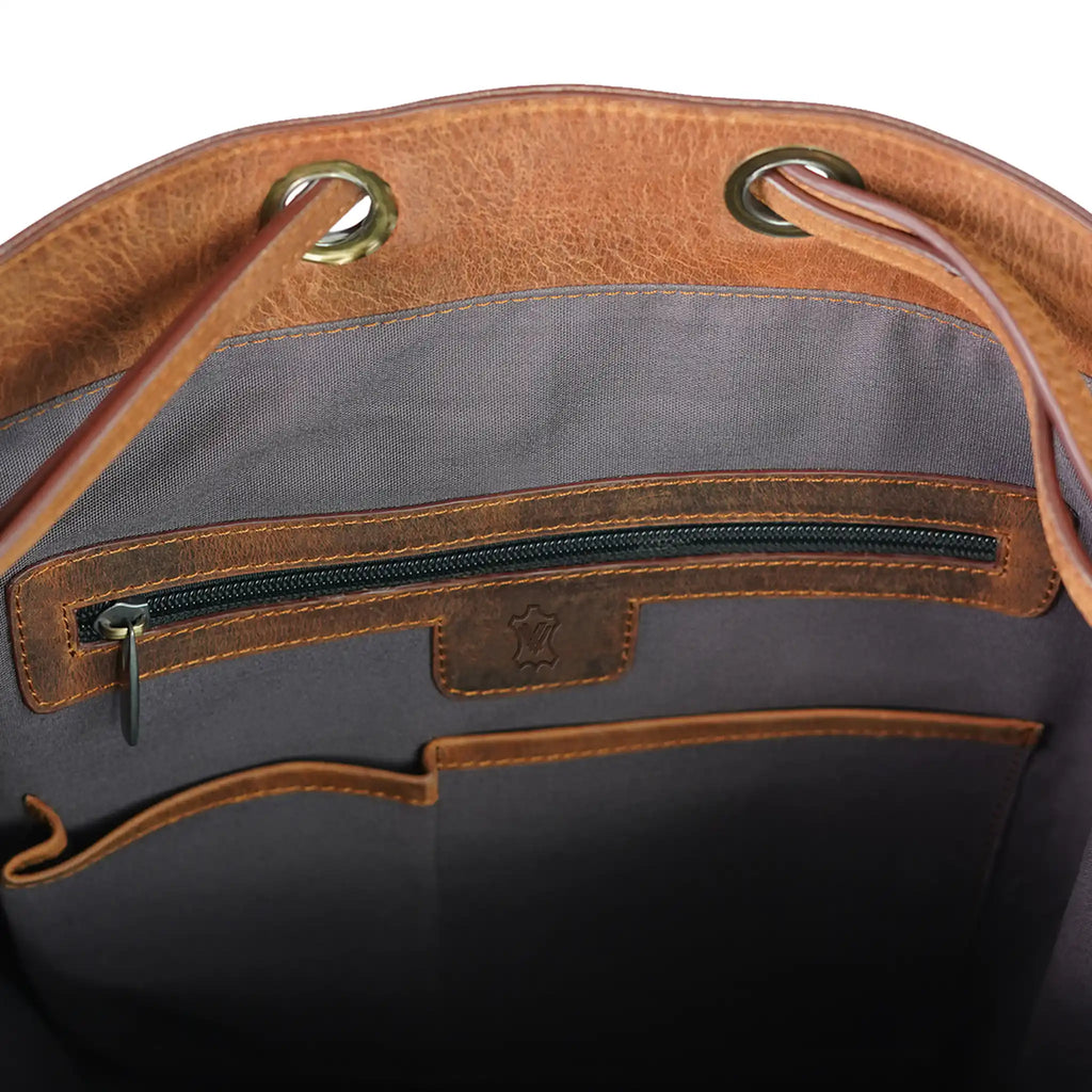 VALANTI leather laptop backpack interior with secure zip pocket and organised storage