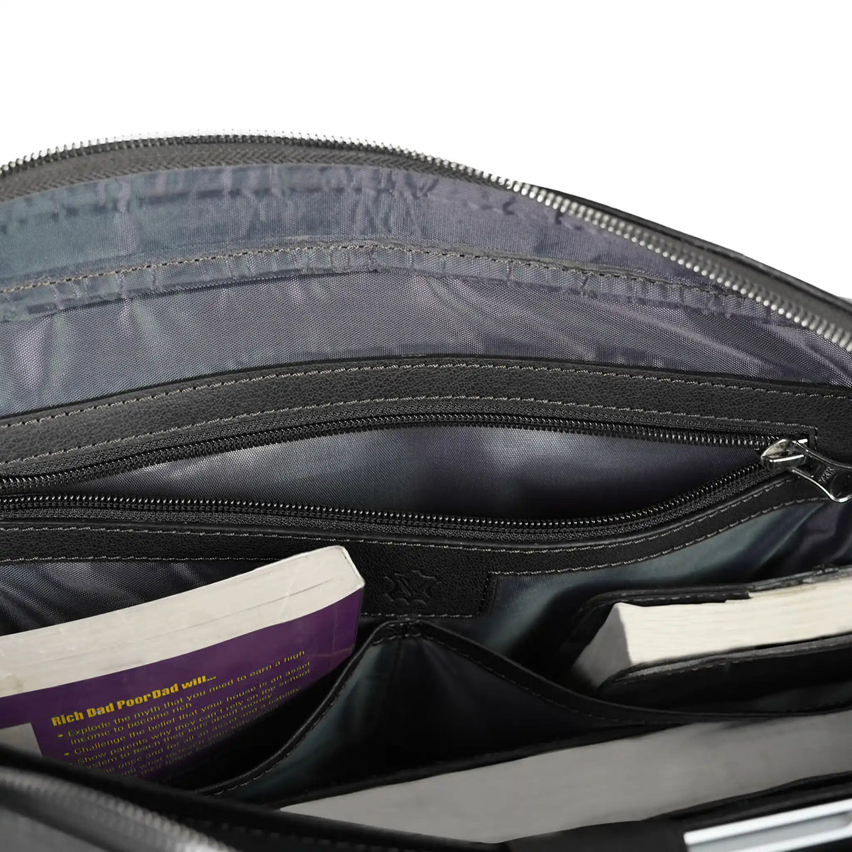 VALANTI full-grain leather laptop bag interior with organised storage