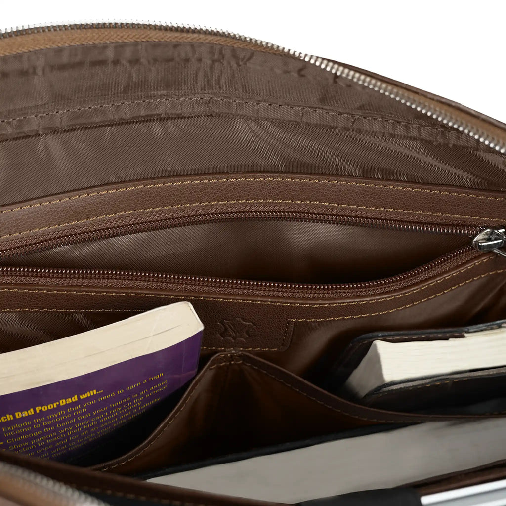VALANTI full-grain leather laptop bag interior with organised storage