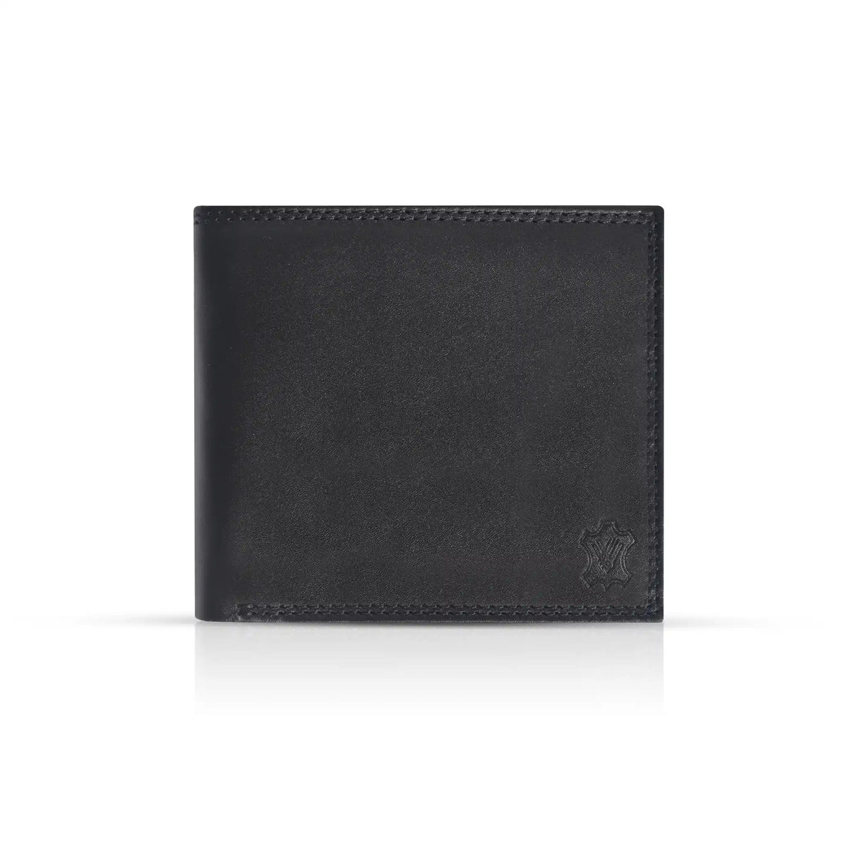 Closed black leather mens wallet with stitched edges and subtle embossed emblem on a white background from valanti.co.uk for Mens Leather Wallets
