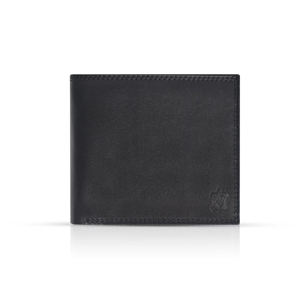 Black leather men's wallet with stitched edges and subtle embossed emblem, shown closed on a white background, from valanti.co.uk Men's Leather Wallets