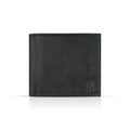 Black leather men's bifold wallet with an embossed logo on a white background, from valanti.co.uk's Men's Leather Wallets collection and Home page