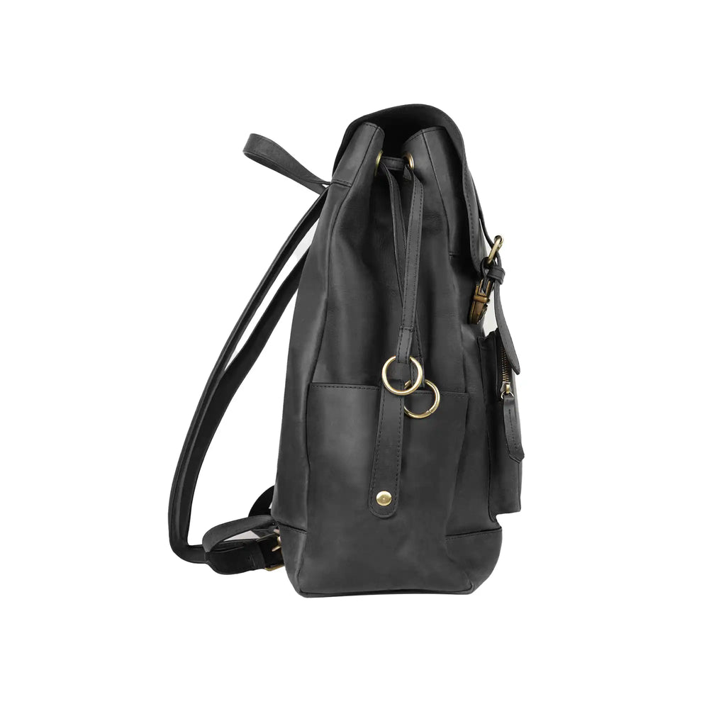VALANTI leather laptop backpack side pocket for bottle or everyday essentials
