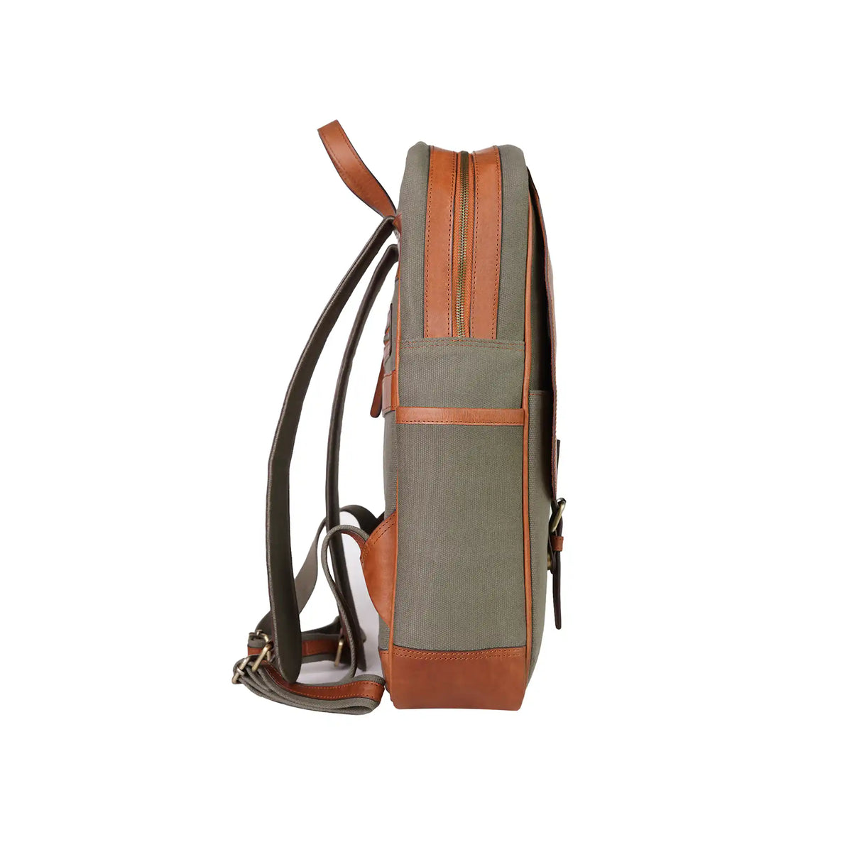 Side view of a canvas backpack with brown faux leather trim, padded shoulder straps and external zip pocket, from valanti.co.uk Backpack collection