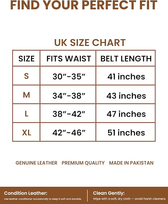A UK size chart table for leather belts showing sizes S through XL with waist measurements and belt lengths, plus text at the bottom about genuine leather, premium quality, and made in Pakistan.