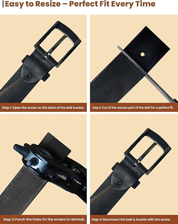 Black belt with buckle and step-by-step guide on resizing on a beige background