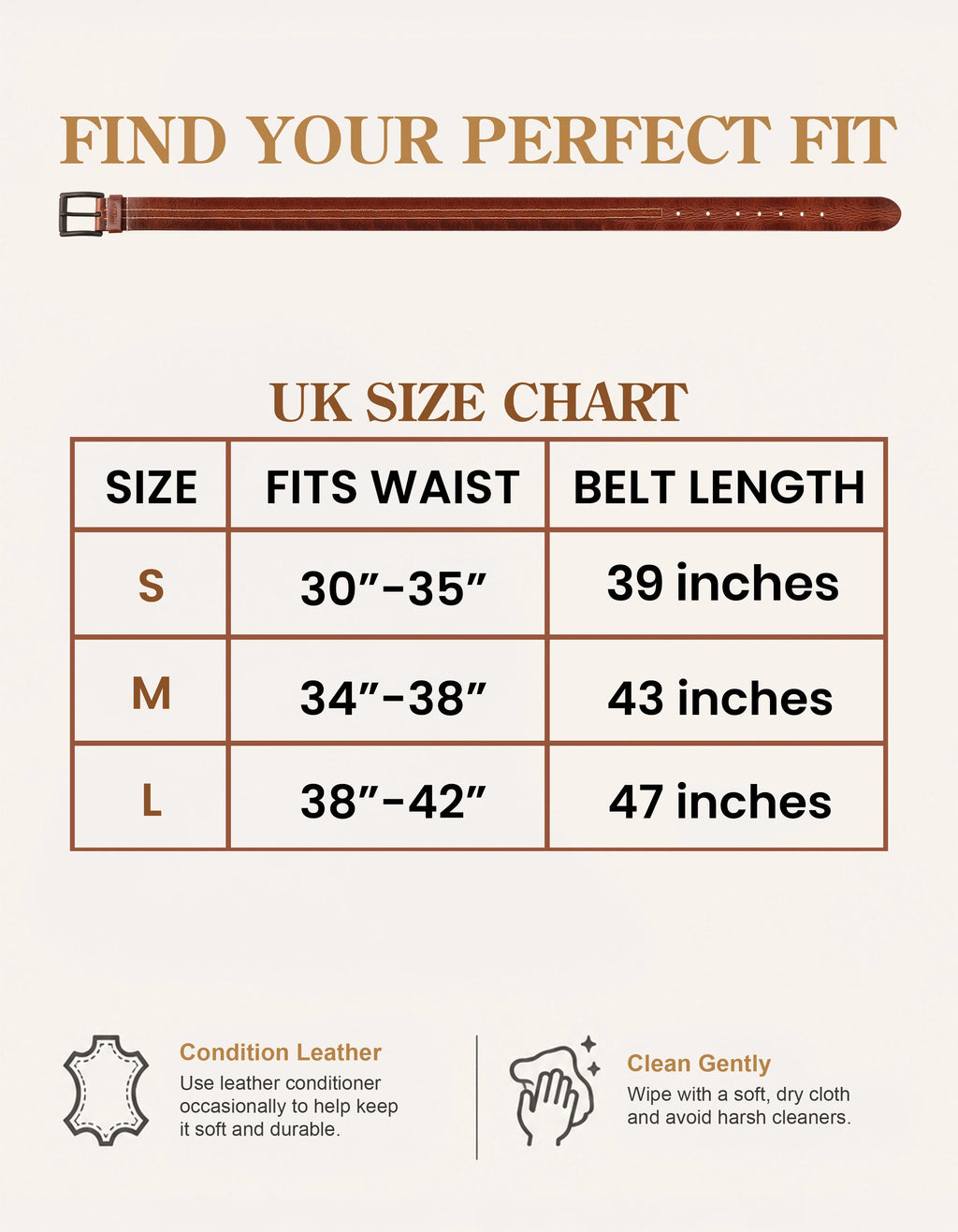 VALANTI Men’s Full-Grain Buffalo Leather Belt, size guide and measurements