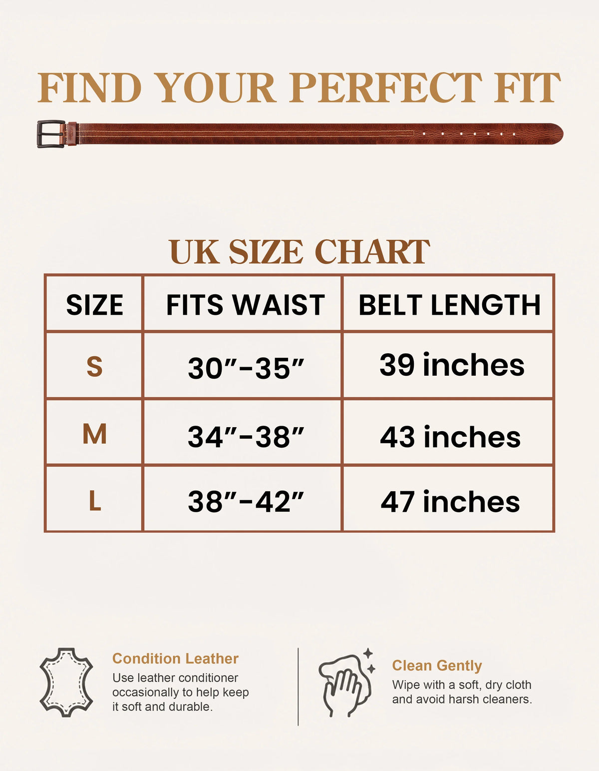 VALANTI Men’s Full-Grain Buffalo Leather Belt, size guide and measurements