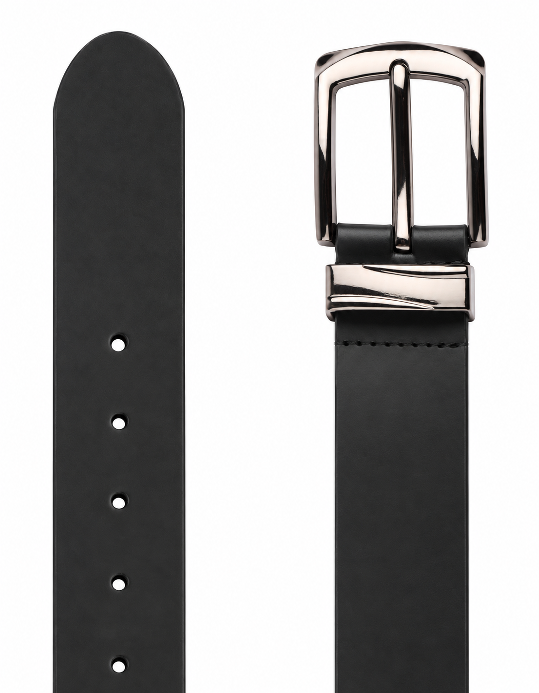 The Men’s Leather Dress Belt – Silver Buckle is displayed against a white background, featuring a sleek black leather strap with a polished silver buckle on one end and adjustment holes on the other, emphasizing its classic and refined style.
