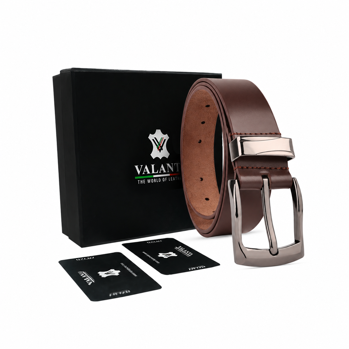 The Men’s Leather Dress Belt – Silver Buckle is shown in front of a black Valante box and two black cards, all set against a white background.