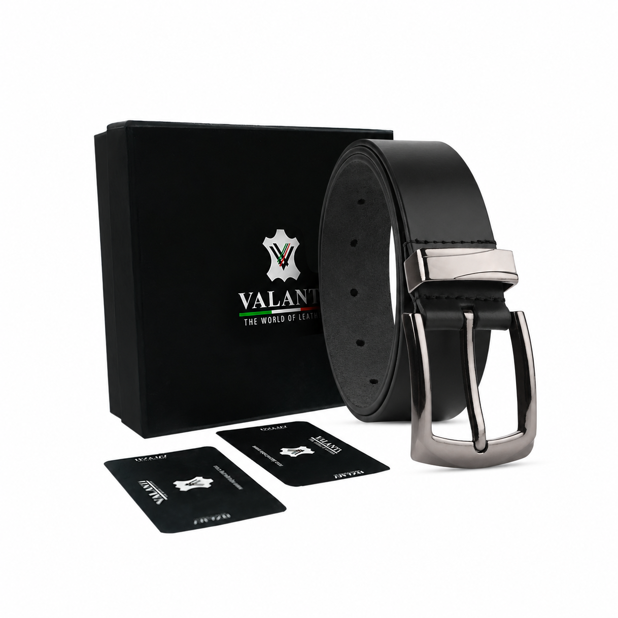 The Men’s Leather Dress Belt – Silver Buckle is displayed next to a black Valante box and two black cards on a white background, highlighting this essential men’s accessory perfect for any wardrobe.