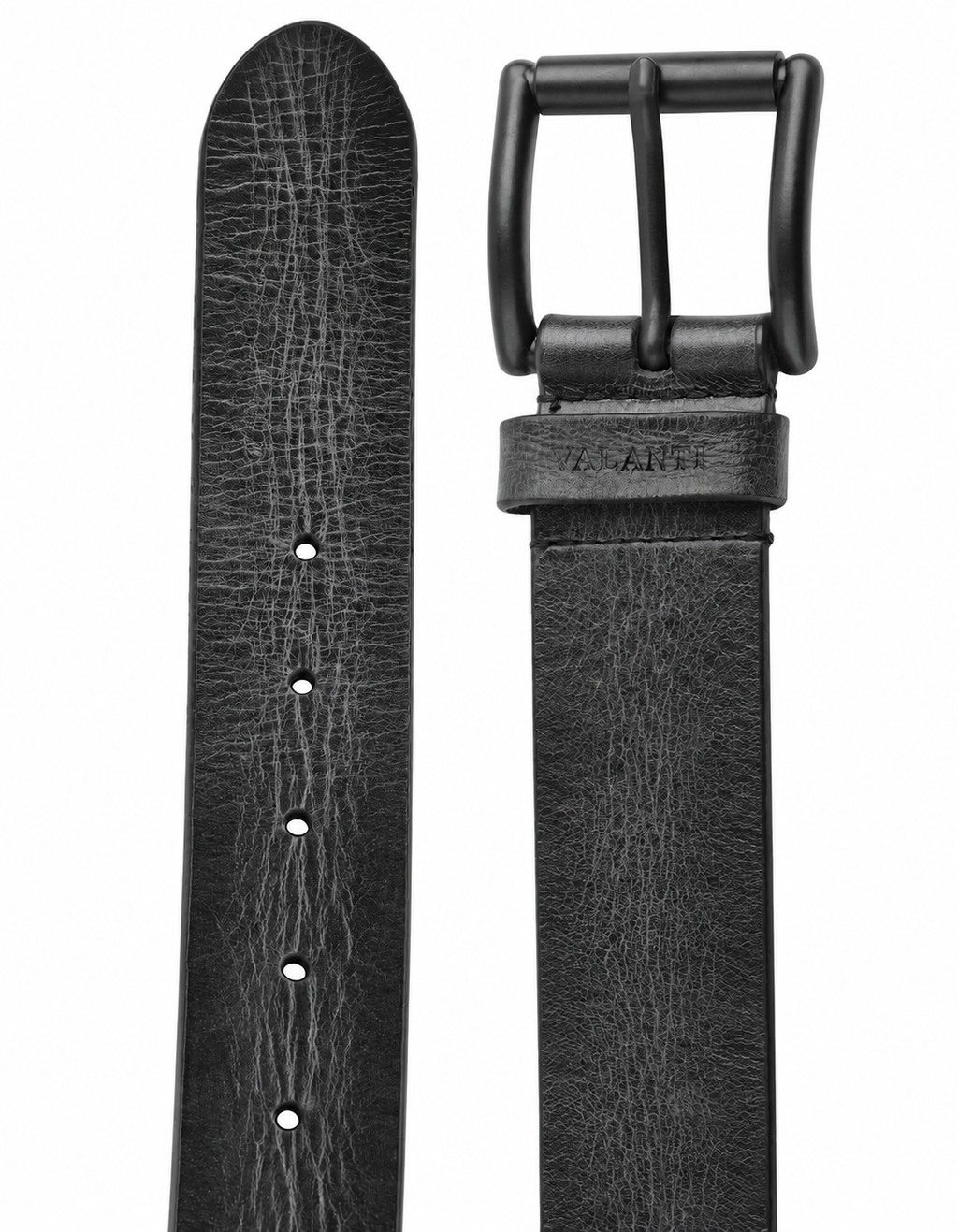 Two views of the Men’s leather casual belt | Valanti: the left side highlights the strap with holes, while the right side displays the matte black buckle and a portion of this stylish accessory, showcasing its visible leather texture.