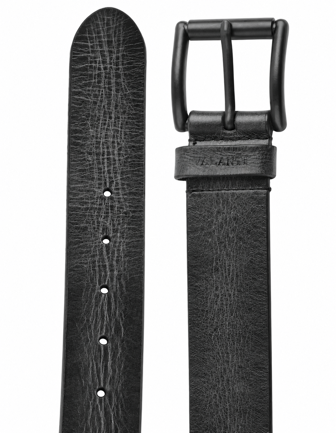 Two views of the Men’s leather casual belt | Valanti: the left side highlights the strap with holes, while the right side displays the matte black buckle and a portion of this stylish accessory, showcasing its visible leather texture.